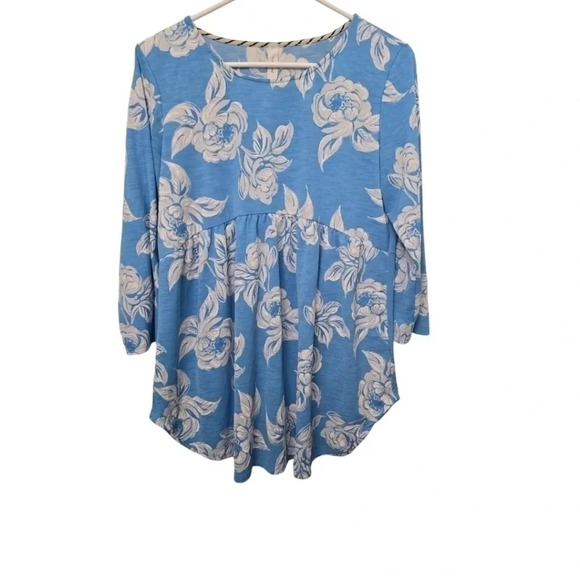 Woman's Bright Blue Floral Babydoll Top - Picture 2 of 5
